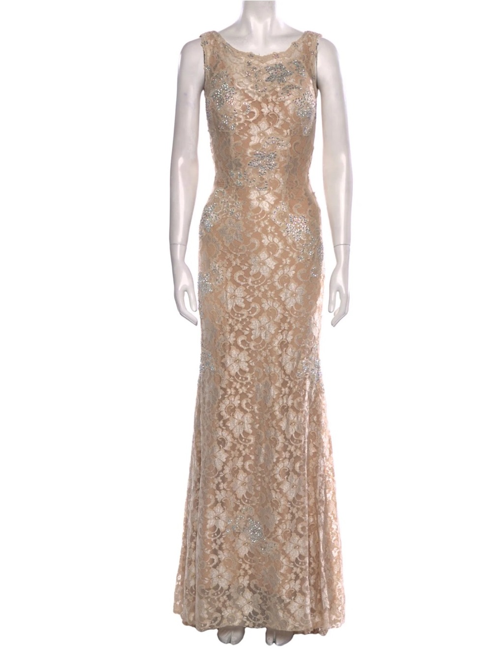 JVN by Jovani Nude Lace Evening Gown with Silver Embellishment